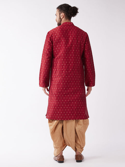 Vastramay Men's Maroon Zari Weaved Kurta Dhoti Set